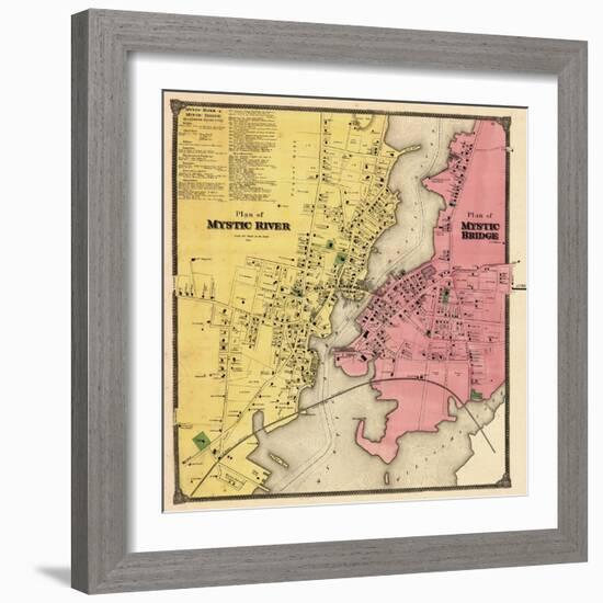 1868, Mystic River Map, Mystic Bridge Map, Connecticut, United States-null-Framed Premium Giclee Print