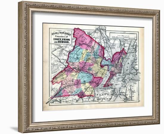 1873, Essex, Union and Hudson Counties Map, New Jersey, United States-null-Framed Giclee Print