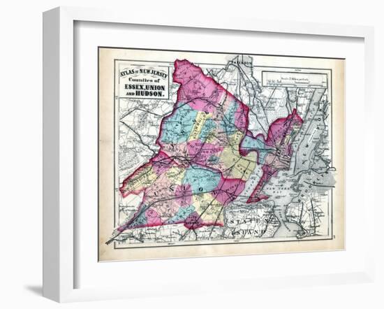 1873, Essex, Union and Hudson Counties Map, New Jersey, United States-null-Framed Giclee Print