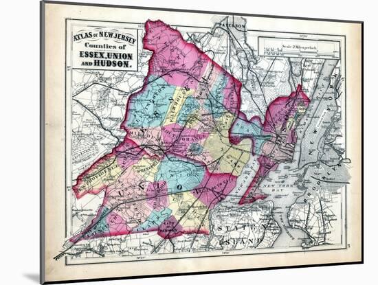 1873, Essex, Union and Hudson Counties Map, New Jersey, United States-null-Mounted Giclee Print