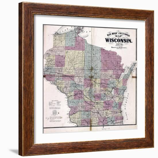 1874, Wisconsin Railroad and Sectional Map, Wisconsin, United States-null-Framed Giclee Print