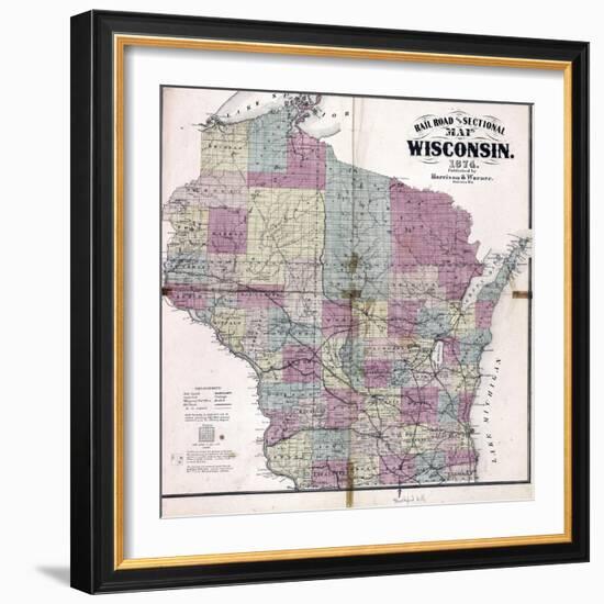 1874, Wisconsin Railroad and Sectional Map, Wisconsin, United States-null-Framed Giclee Print