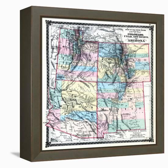 1875, Colorado, Utah, New Mexico and Arizona States Map, United States-null-Framed Premier Image Canvas