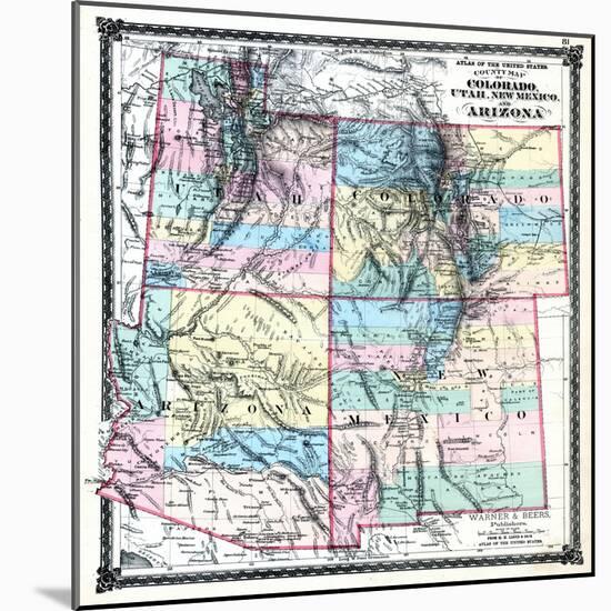 1875, Colorado, Utah, New Mexico and Arizona States Map, United States-null-Mounted Giclee Print