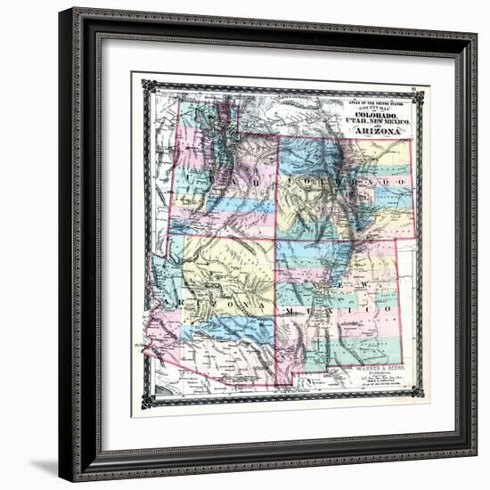 1875, Colorado, Utah, New Mexico and Arizona States Map, United States-null-Framed Giclee Print