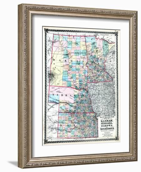 1875, Kansas, Nebraska, Dakota and Minnesota States Map, United States-null-Framed Giclee Print