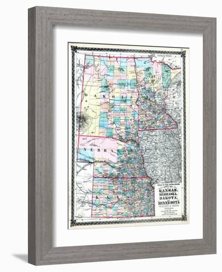 1875, Kansas, Nebraska, Dakota and Minnesota States Map, United States-null-Framed Giclee Print