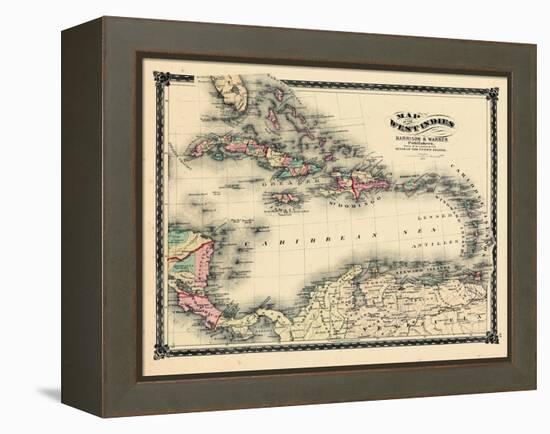 1876, County Map of Florida, West Indies, Caribbean, Mexico, Cuba, South America, United-null-Framed Premier Image Canvas