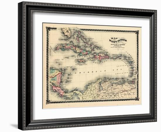 1876, County Map of Florida, West Indies, Caribbean, Mexico, Cuba, South America, United-null-Framed Giclee Print