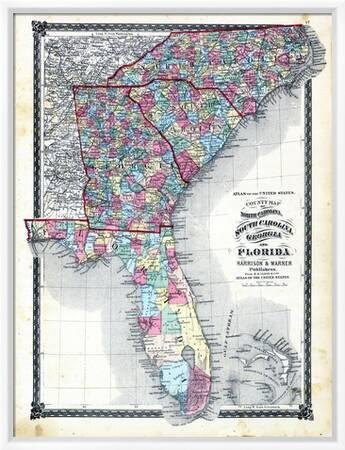 Map Of South Carolina And Georgia 1876, County Map Of North Carolina, South Carolina, Georgia And Florida,  Missouri, United States' Giclee Print | Art.com