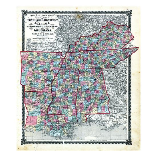 1876 County Map Tennessee Kentucky Alabana Mississippi Arkansas And Louisiana Missouri Unite Giclee Print Art Com Map Of Arkansas And Tennessee