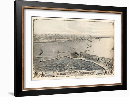 1876, Erie and Presque Isle Bay Bird's Eye View, Pennsylvania, United States-null-Framed Giclee Print