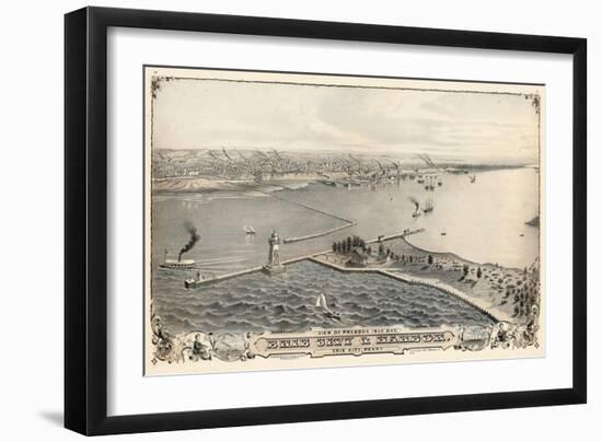 1876, Erie and Presque Isle Bay Bird's Eye View, Pennsylvania, United States-null-Framed Giclee Print