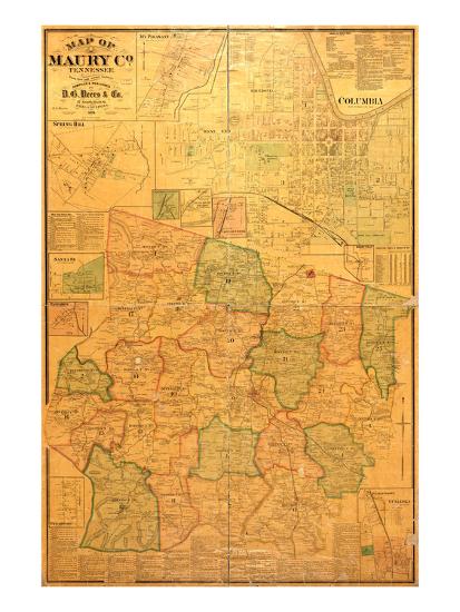 1878, Maury County Wall Map, Tennessee, United States Giclee Print by | Art.com