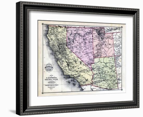 1879, California, Nevada, Utah, and Arizona States Map, California, United States-null-Framed Giclee Print