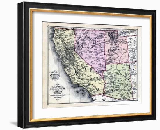 1879, California, Nevada, Utah, and Arizona States Map, California, United States-null-Framed Giclee Print