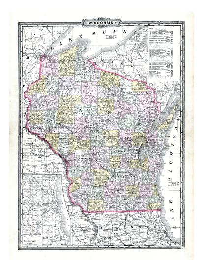 1899 State Map Wisconsin United States Giclee Print Art Com