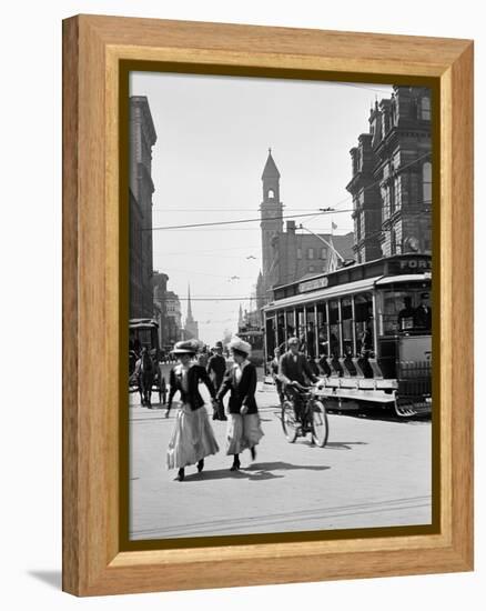 1912 Street Scene Pedestrians and Streetcar Detroit, Michigan-null-Framed Premier Image Canvas