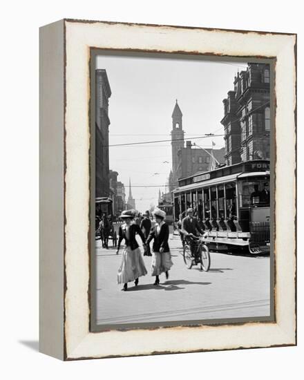 1912 Street Scene Pedestrians and Streetcar Detroit, Michigan-null-Framed Premier Image Canvas