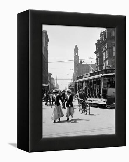 1912 Street Scene Pedestrians and Streetcar Detroit, Michigan-null-Framed Premier Image Canvas