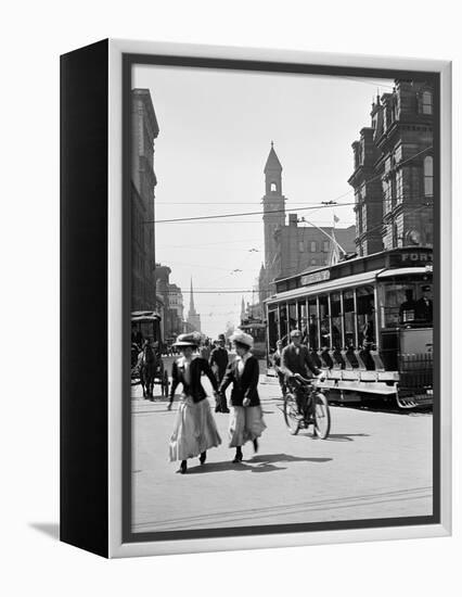 1912 Street Scene Pedestrians and Streetcar Detroit, Michigan-null-Framed Premier Image Canvas