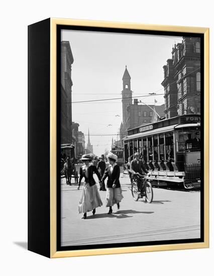 1912 Street Scene Pedestrians and Streetcar Detroit, Michigan-null-Framed Premier Image Canvas