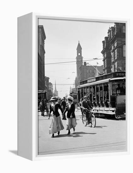 1912 Street Scene Pedestrians and Streetcar Detroit, Michigan-null-Framed Premier Image Canvas