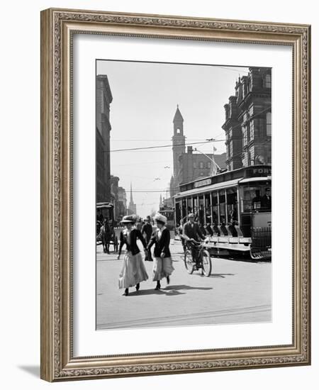 1912 Street Scene Pedestrians and Streetcar Detroit, Michigan-null-Framed Photographic Print