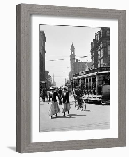 1912 Street Scene Pedestrians and Streetcar Detroit, Michigan-null-Framed Photographic Print