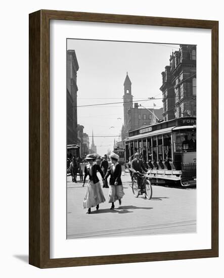 1912 Street Scene Pedestrians and Streetcar Detroit, Michigan-null-Framed Photographic Print