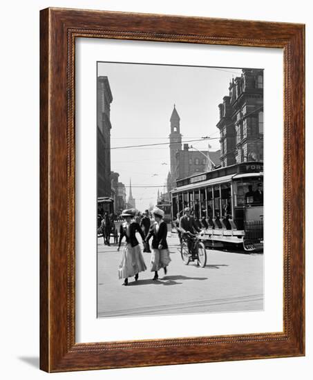 1912 Street Scene Pedestrians and Streetcar Detroit, Michigan-null-Framed Photographic Print