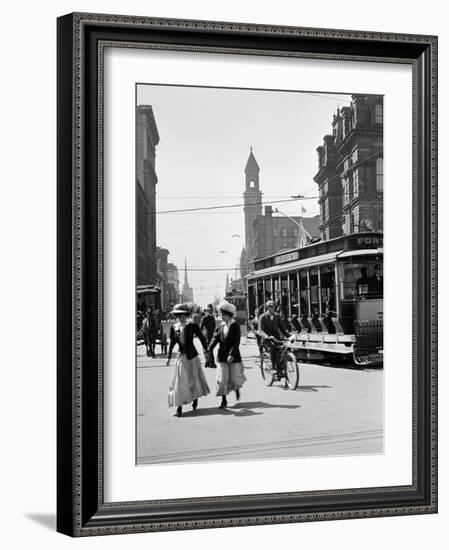 1912 Street Scene Pedestrians and Streetcar Detroit, Michigan-null-Framed Photographic Print