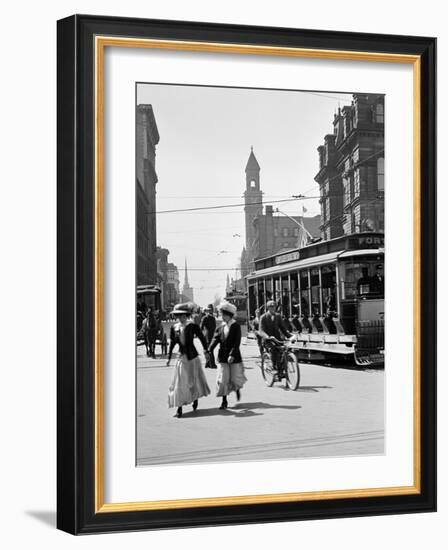 1912 Street Scene Pedestrians and Streetcar Detroit, Michigan-null-Framed Photographic Print