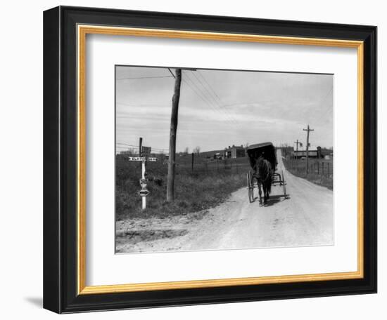 1920s-1930s Amish Man Driving Buggy Down Rural Dirt Road in Farm Country-null-Framed Photographic Print