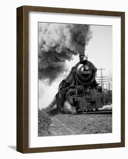 1920s-1930s Steam Engine Pulling Passenger Train Smoke Billowing from Exhaust Stack-null-Framed Photographic Print