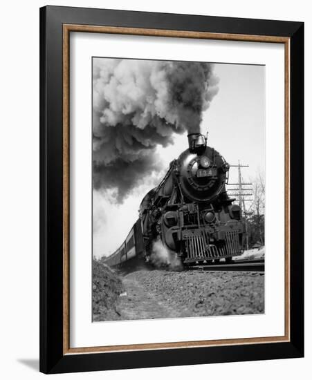 1920s-1930s Steam Engine Pulling Passenger Train Smoke Billowing from Exhaust Stack-null-Framed Photographic Print