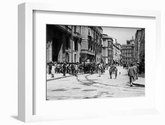 1920s-1930s Street Scene with Crowd in Front of Hotel Regina Malaga, Spain-null-Framed Photographic Print