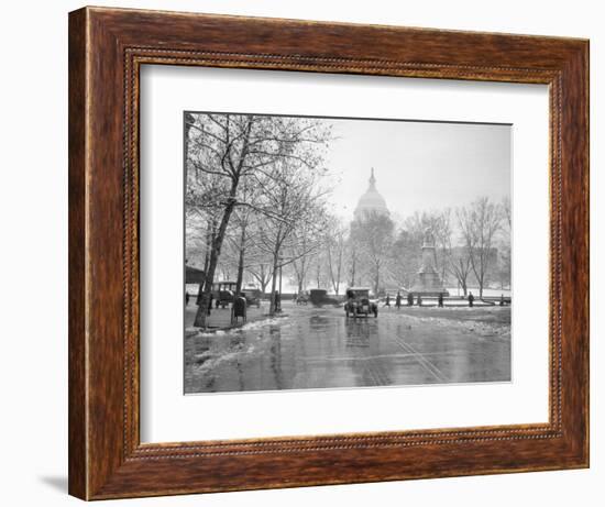 1920s-1930s the Capitol Building and Old Car Traffic in Winter Washington DC-null-Framed Photographic Print