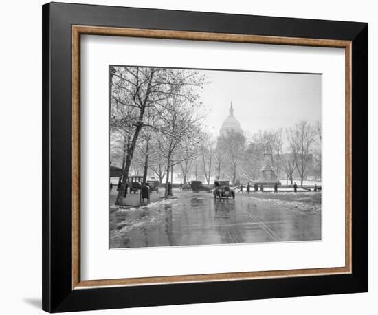 1920s-1930s the Capitol Building and Old Car Traffic in Winter Washington DC-null-Framed Photographic Print