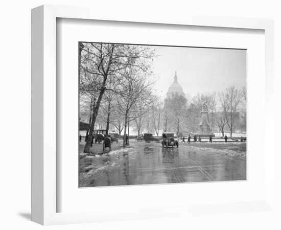 1920s-1930s the Capitol Building and Old Car Traffic in Winter Washington DC-null-Framed Photographic Print