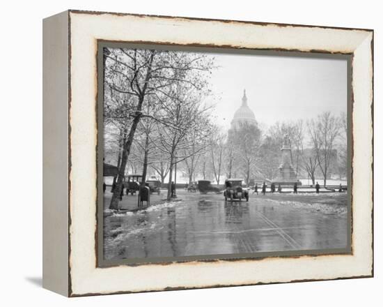 1920s-1930s the Capitol Building and Old Car Traffic in Winter Washington DC-null-Framed Premier Image Canvas