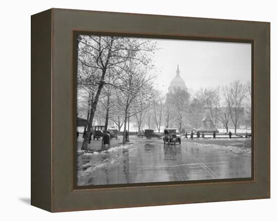 1920s-1930s the Capitol Building and Old Car Traffic in Winter Washington DC-null-Framed Premier Image Canvas