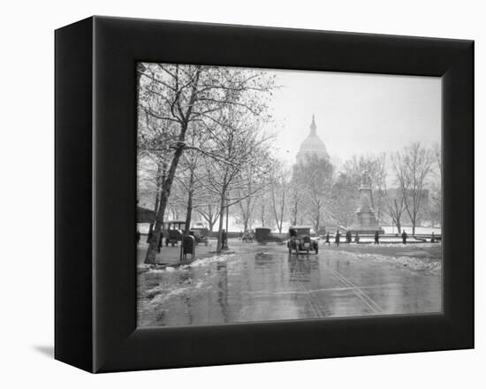 1920s-1930s the Capitol Building and Old Car Traffic in Winter Washington DC-null-Framed Premier Image Canvas