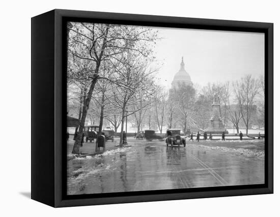 1920s-1930s the Capitol Building and Old Car Traffic in Winter Washington DC-null-Framed Premier Image Canvas