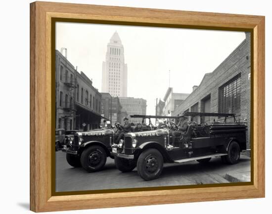 1920s-1930s Two Fire Trucks with Los Angeles City Hall California-null-Framed Premier Image Canvas