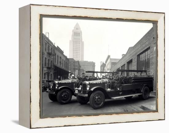 1920s-1930s Two Fire Trucks with Los Angeles City Hall California-null-Framed Premier Image Canvas