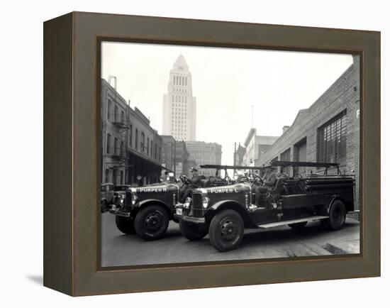 1920s-1930s Two Fire Trucks with Los Angeles City Hall California-null-Framed Premier Image Canvas