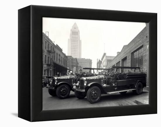 1920s-1930s Two Fire Trucks with Los Angeles City Hall California-null-Framed Premier Image Canvas