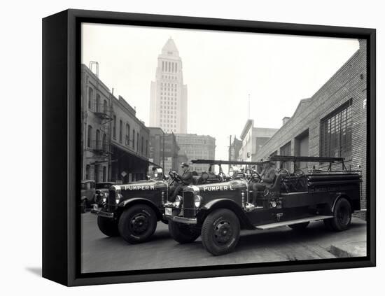 1920s-1930s Two Fire Trucks with Los Angeles City Hall California-null-Framed Premier Image Canvas