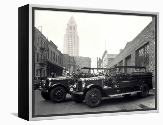 1920s-1930s Two Fire Trucks with Los Angeles City Hall California-null-Framed Premier Image Canvas